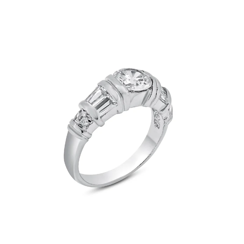 Ladies rings trending styles-Rhodium Plated 925 Sterling Silver Clear Baguette Round CZ Ring - BGR00007