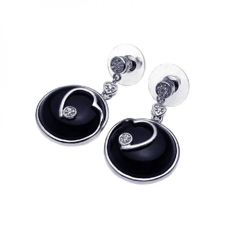 Ladies earrings 2025 trends-Clearance-Silver 925 Rhodium Plated Heart Black Onyx CZ Dangling Earrings - BGE00092