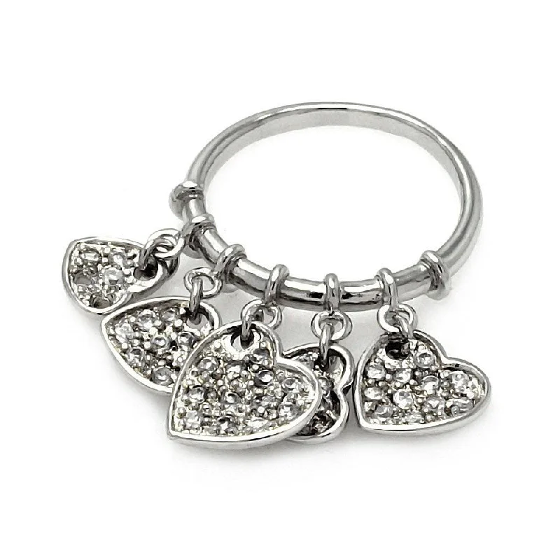 Ladies rings sentimental picks-Clearance-Silver 925 Rhodium Plated Multi Dangling CZ Heart Ring - STR00187