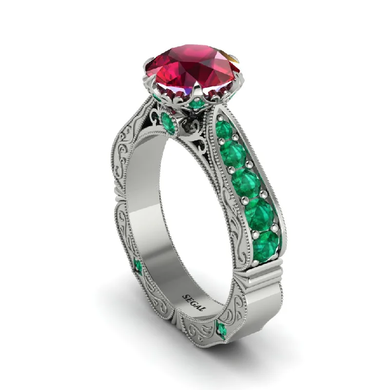 Ladies engagement rings budget options-Ruby Victorian Scroll Engagement Ring - Kehlani No. 27