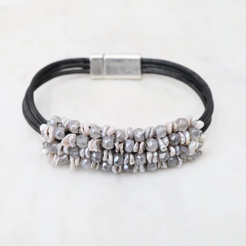 Ladies bracelets Mother’s Day-Hand Stitched Kishi Pearls & Mystic Grey Moonstone Black Leather Bracelet