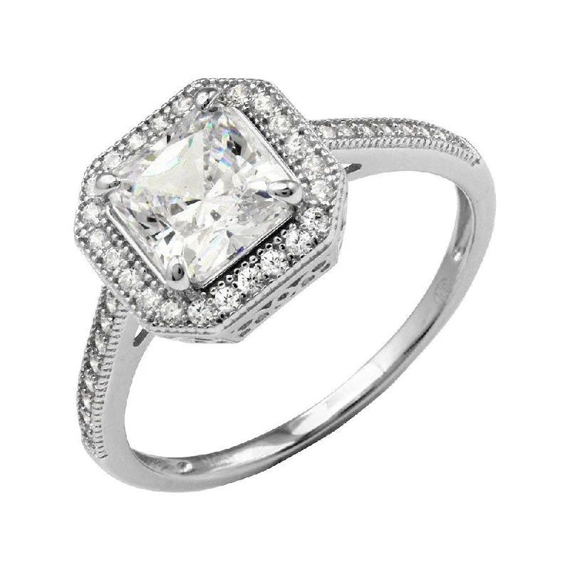 Ladies rings jade accents-Rhodium Plated 925 Sterling Silver Square Halo Ring with CZ Shank - GMR00209