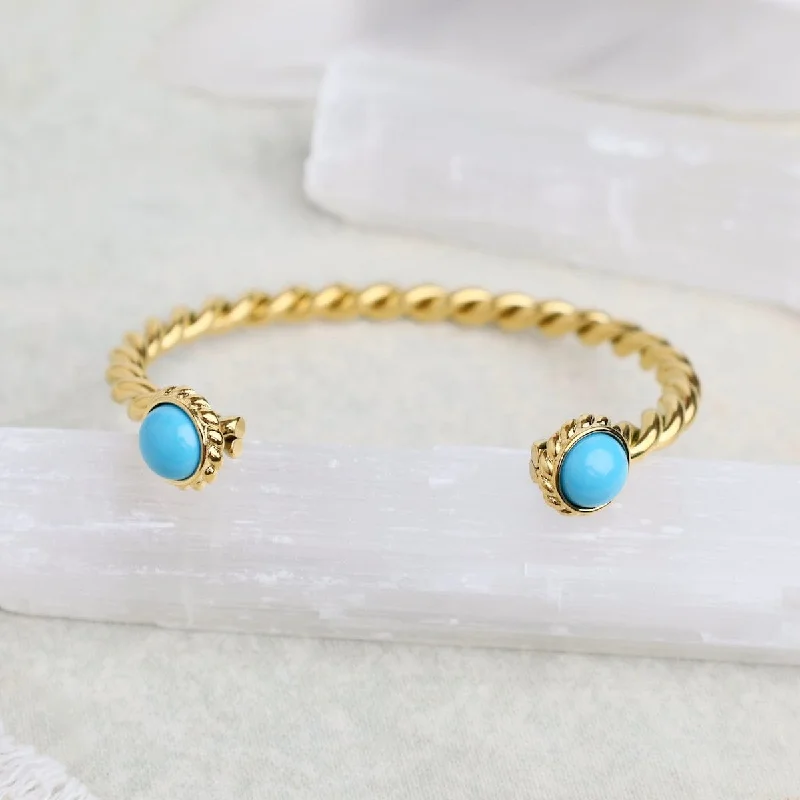 Ladies bracelets colorful stones-Pipa Blue Two Stone Bangle Cuff Bracelet