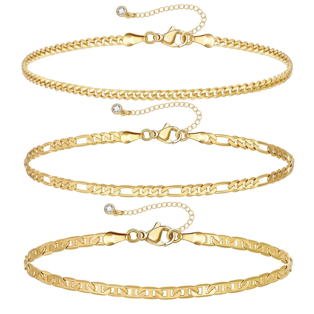 Ladies bracelets friendship bands-Dainty 14k Gold Plated Layering Anklets Bracelets Set- Stud & 3mm Cuban & Figaro