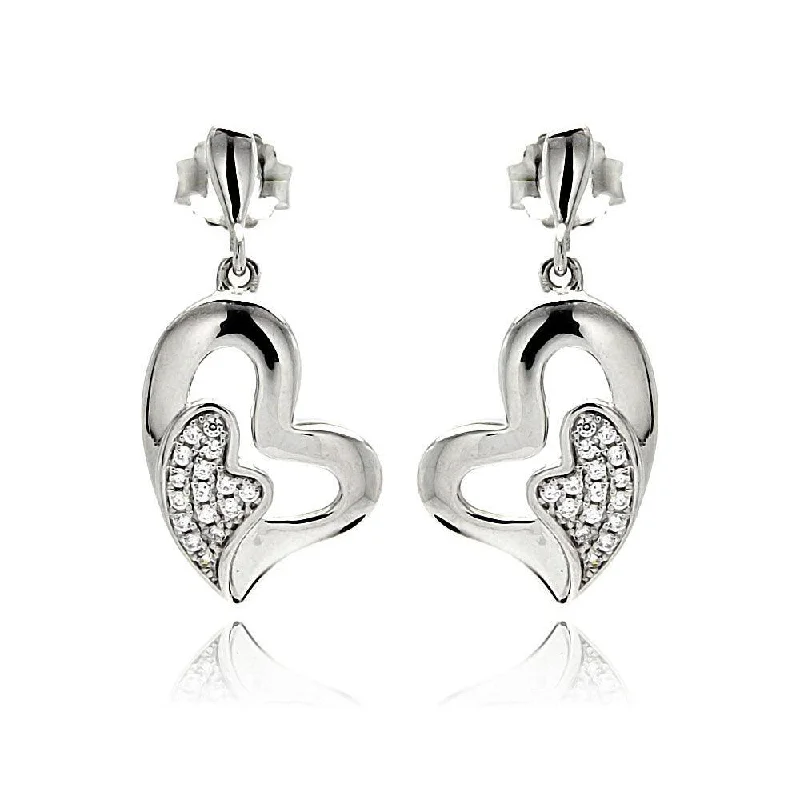 Ladies earrings size guide-Silver 925 Rhodium Plated Micro Pave Clear Heart Inlay CZ Dangling Earrings - ACE00077