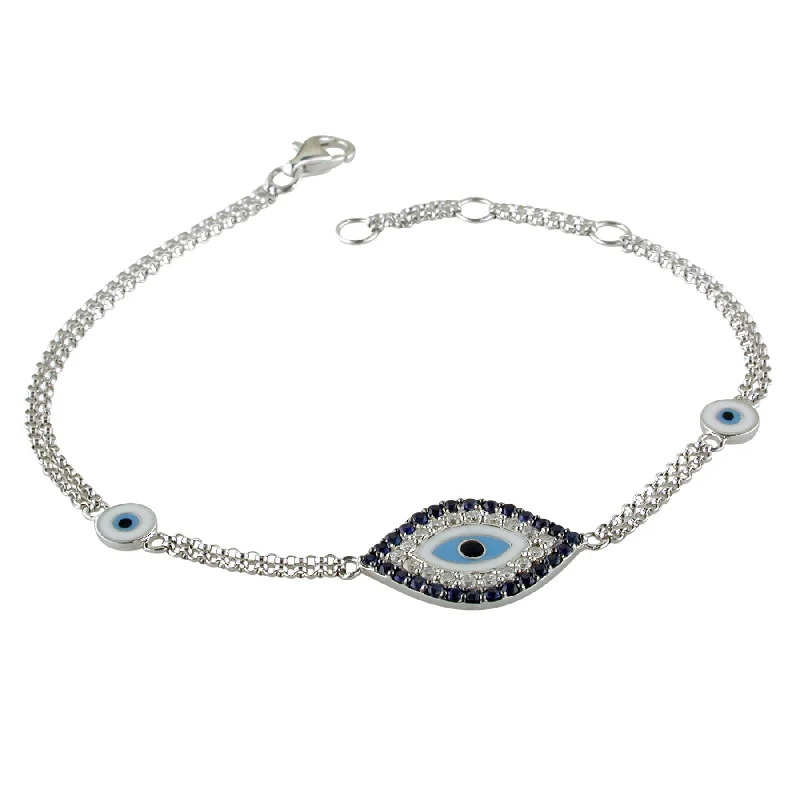 Ladies bracelets 2025 trends-Evil Eye Mati Blue Sapphire & Diamond Diamond 18K White Gold Bracelet with Enamel