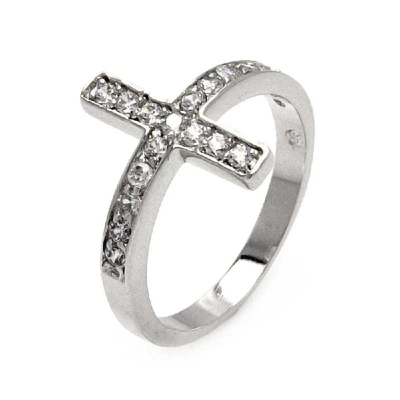 Ladies rings couple rings-Silver 925 Rhodium Plated Clear Pave Set CZ Cross Ring - BGR00536