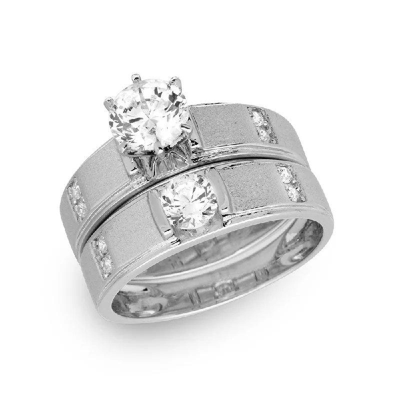 Ladies rings thumb styles-Silver 925 Rhodium Plated with Matte Finish Round Center Trio Bridal Ring - GMR00190