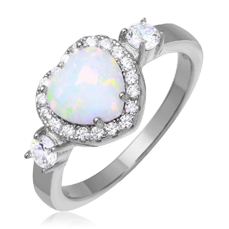 Ladies rings birthday treats-Rhodium Plated 925 Sterling Silver Halo Heart Ring with Synthetic Opal and CZ - BGR01043