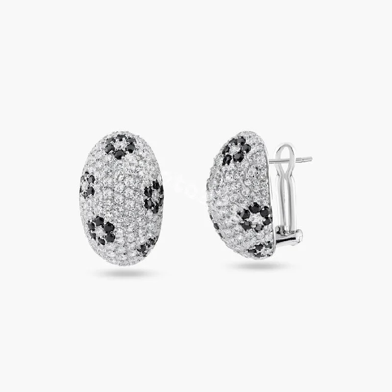 Ladies earrings engagement gifts-Clearance-Silver 925 Rhodium Plated Oval Black and Clear CZ Lever Back Earrings - BGE00097