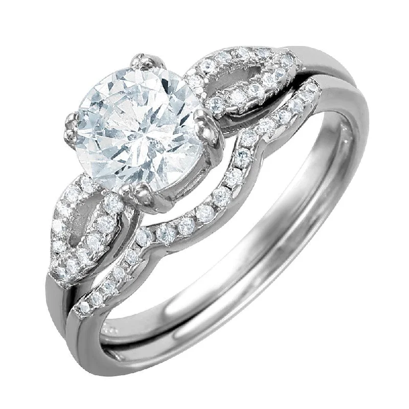 Ladies rings sapphire gems-Silver 925 Rhodium Plated Open Wave Design Band Round CZ Center Bridal Ring - BGR01001