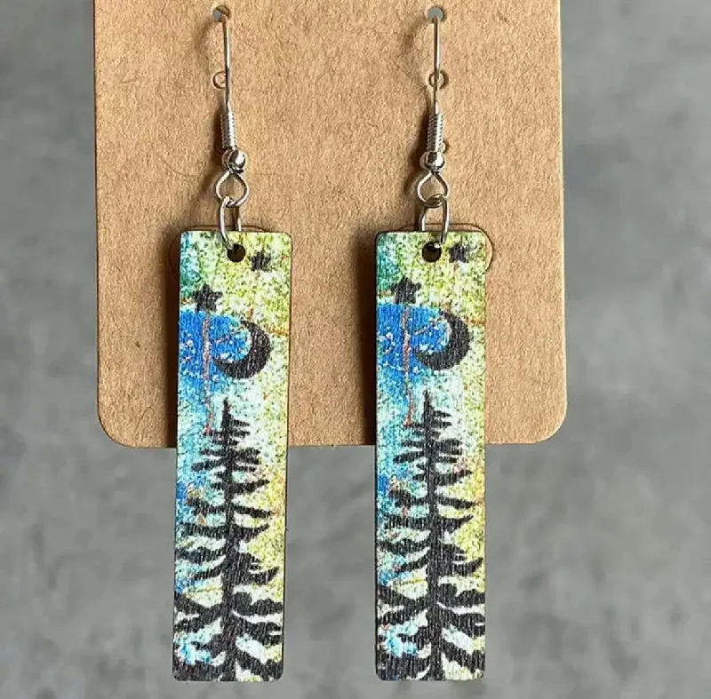 Ladies earrings 2025 trends-Rectangle Wooden Moonlit Tree Earrings