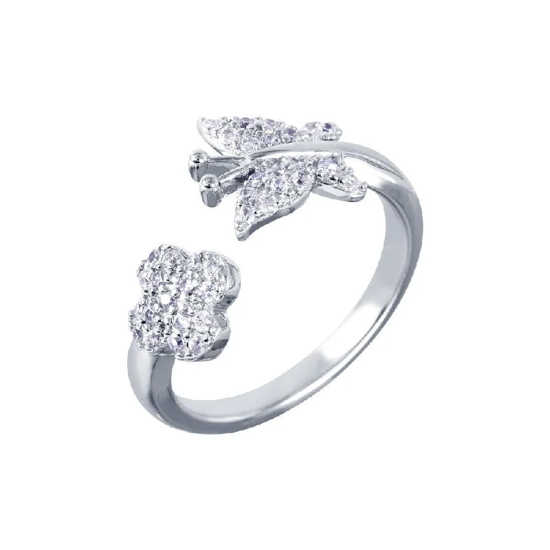 Ladies rings unique designs-Silver 925 Rhodium Plated Butterfly and Flower Open Ring with CZ Accents - BGR00987