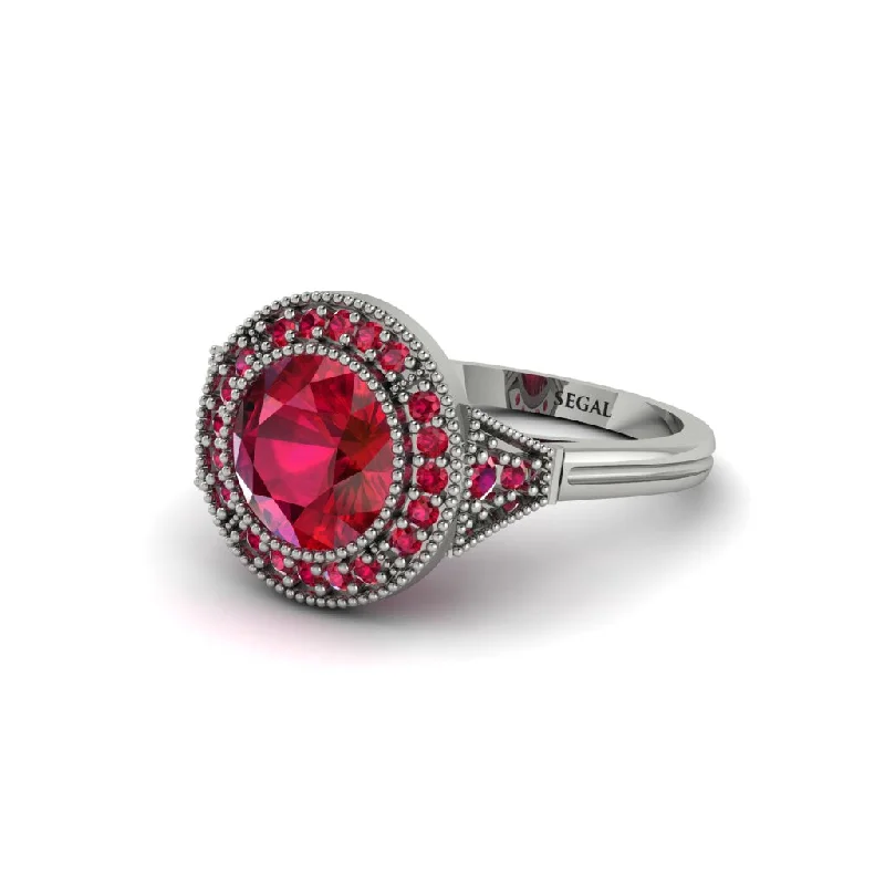 Ladies engagement rings discount offers-Round Cut Ruby Milgrain Halo Engagement Ring - Maggie No. 57