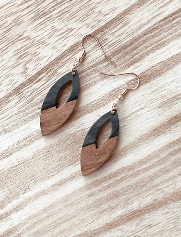 Ladies earrings pearl accents-Oval Wood and Charcoal Drop Earrings