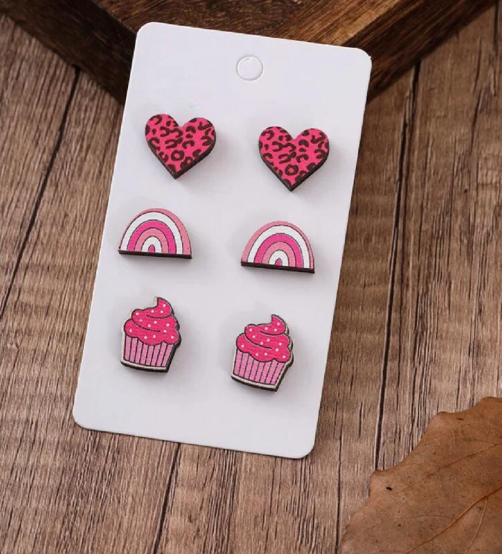 Ladies earrings geometric shapes-Set of 3 Colorful Valentine Stud Earrings