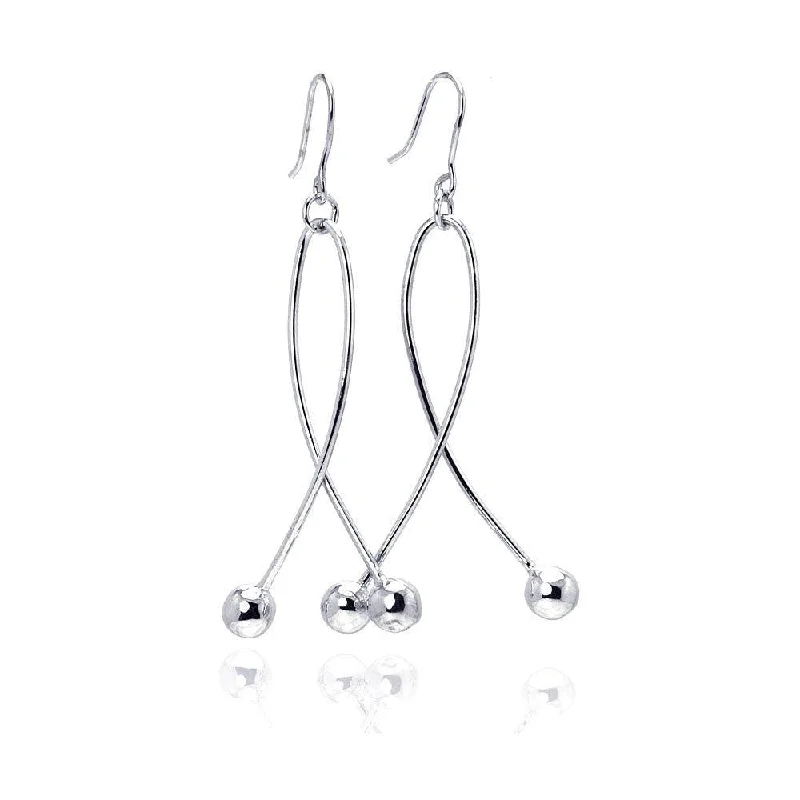 Ladies earrings jade details-Silver 925 Rhodium Plated Twisted Dangling Two Hanging Balls Hook Earrings - DSE00031