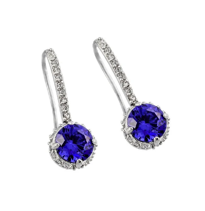 Ladies earrings engraved names-Silver 925 Rhodium Plated Round Purple CZ Hook Earrings - BGE00374