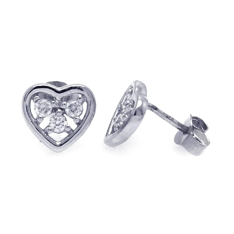 Ladies earrings size guide-Silver 925 Rhodium Plated Three Clear Round CZ Heart Post Earrings - STE00700