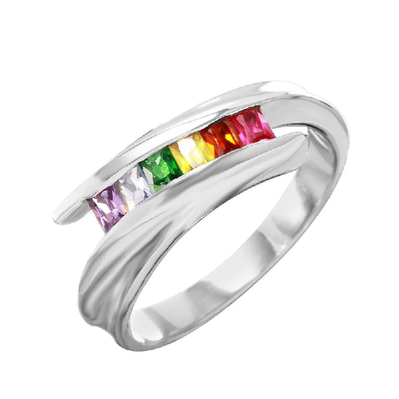 Ladies rings designer labels-Silver 925 Overlapping Ring with Multi-Color CZ Accents - BGR00956