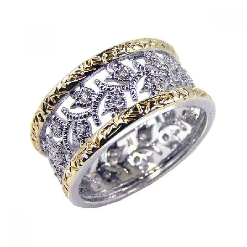 Ladies rings Valentine’s Day-Silver 925 Rhodium and Gold Plated Border CZ Tulip Flower Ring - STR00329