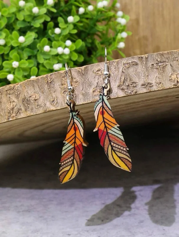 Ladies earrings synthetic jewels-Wooden Painted Feather Earrings