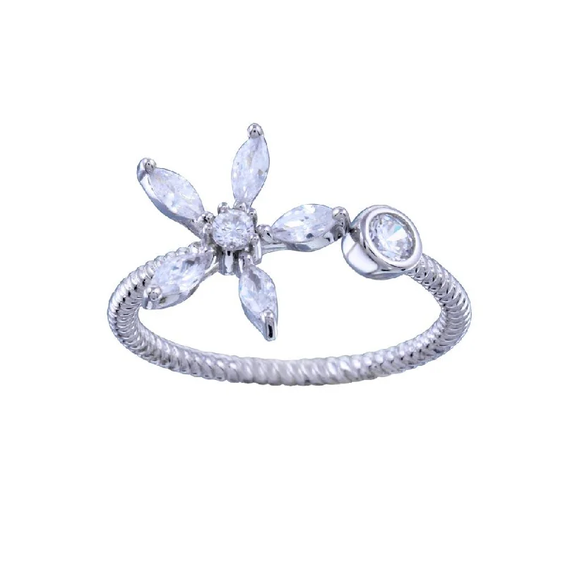 Ladies rings pinky designs-Rhodium Plated 925 Sterling Silver CZ  Flower Open Ring - STR01151