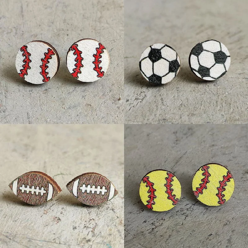 Ladies earrings subtle luxury-Favorite Sports Wooden Stud Earrings