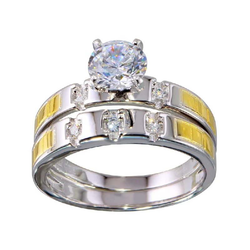 Ladies rings thumb styles-Two-Tone 925 Sterling Silver Stackable CZ Double Ring - GMR00264RG