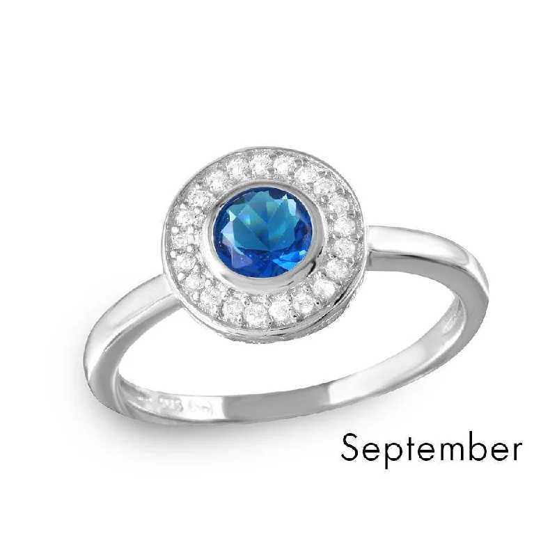 Ladies rings vintage charm-September Sterling Silver 925 Rhodium Plated CZ Center Birthstone Halo Ring - BGR01082SEP