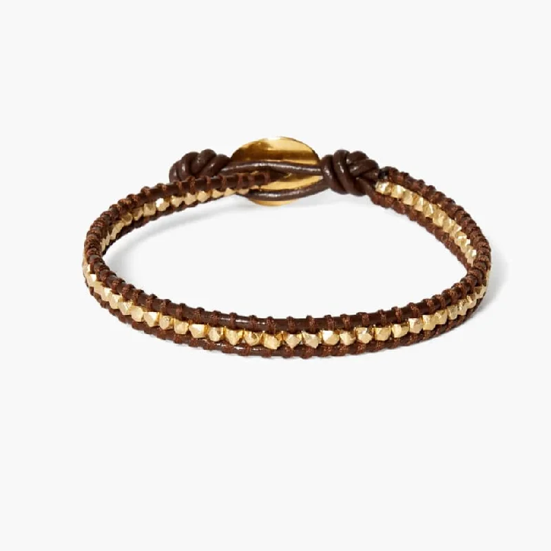 Ladies bracelets online shopping-Single Vermeil Nugget Wrap Bracelet with Brown Leather