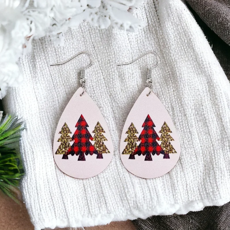 Ladies earrings worldwide styles-Leather Christmas Tree Drop Earrings