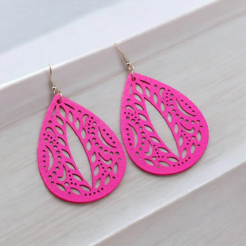 Ladies earrings elegant looks-Hot Pink Hollow Out Wooden Earrings