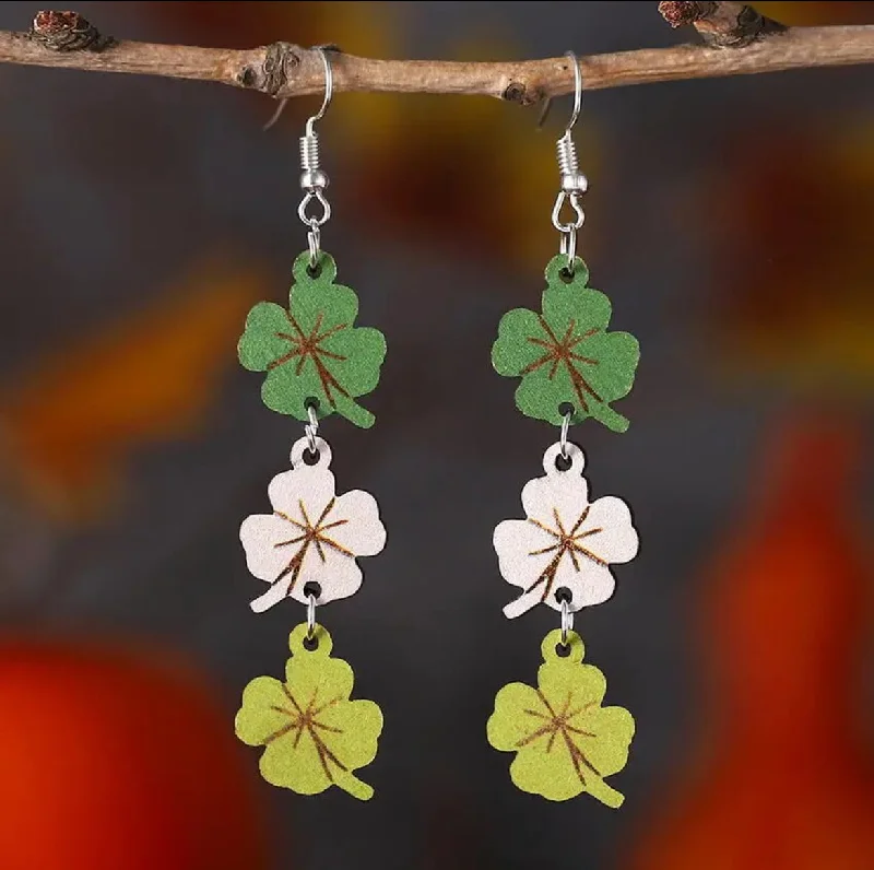 Ladies earrings sapphire studs-Wooden Tri-Color Shamrock Earrings