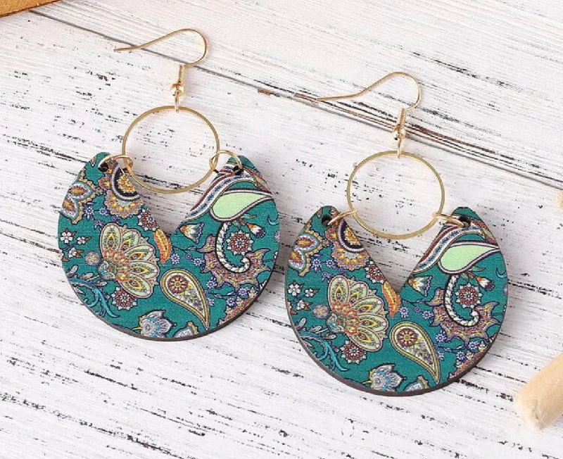 Ladies earrings colorful stones-Bohemian Western Style Paisley Print Earrings