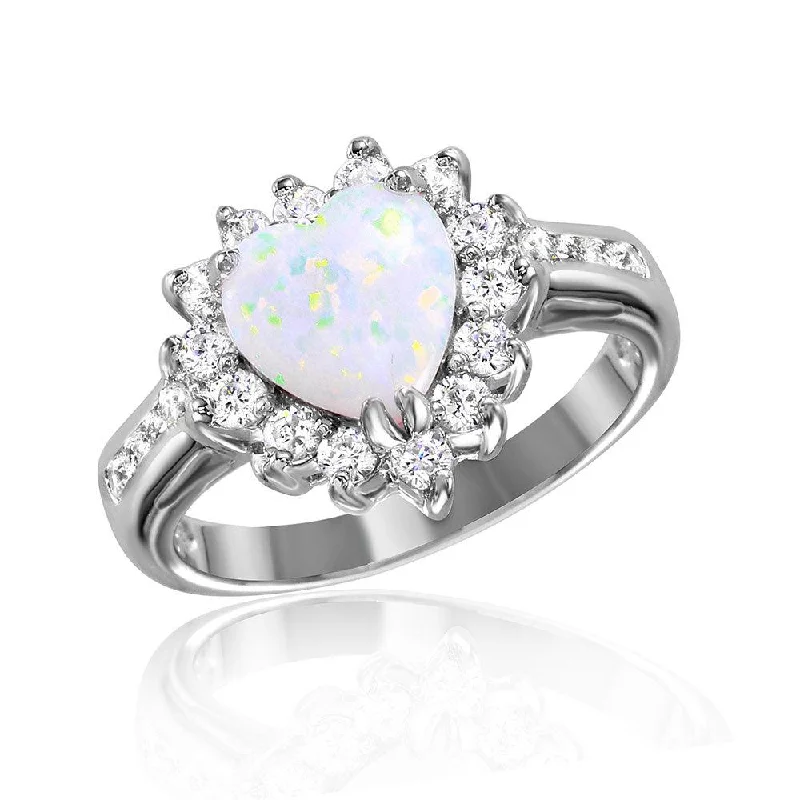 Ladies rings diamond accents-Silver 925 Rhodium Plated Halo Heart with Synthetic Opal Center Stone Ring - BGR01026