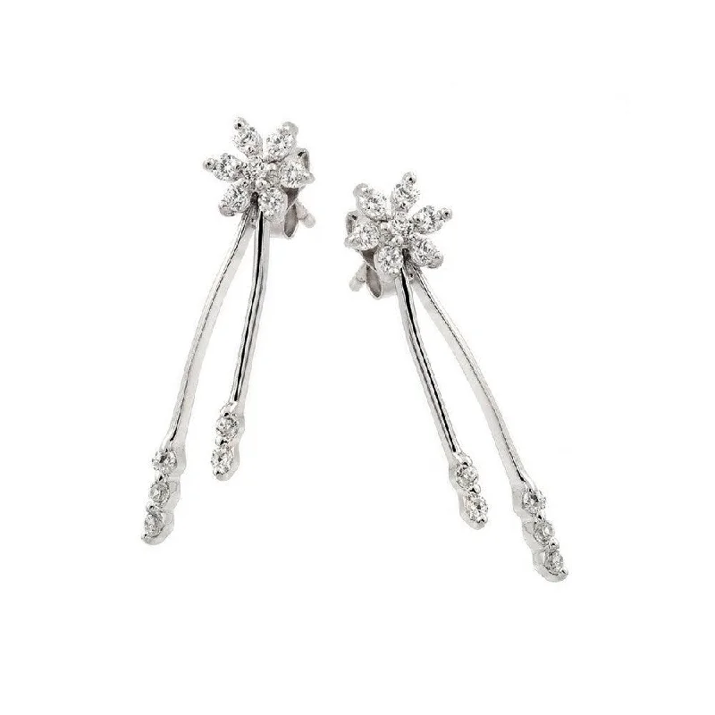 Ladies earrings online shopping-Silver 925 Rhodium Plated Flower CZ Long Strand Earrings - STE00656