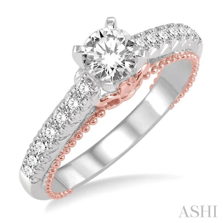 Ladies engagement rings online shopping-7/8 Ctw Diamond Engagement Ring with 1/2 Ct Round Cut Center Stone in 14K White and Rose Gold