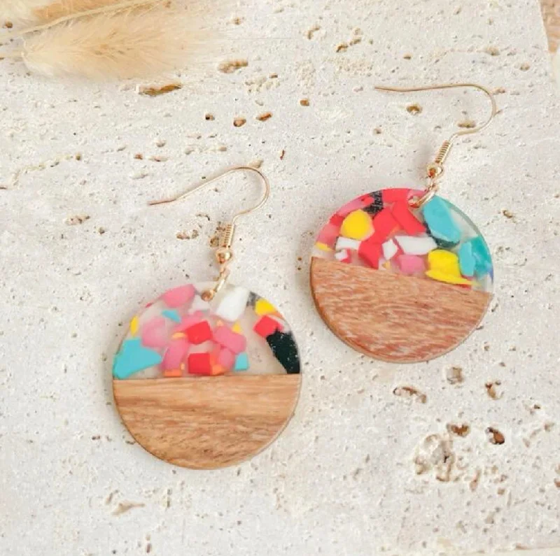 Ladies earrings hypoallergenic-Beautiful Round Color Block Drop Earrings