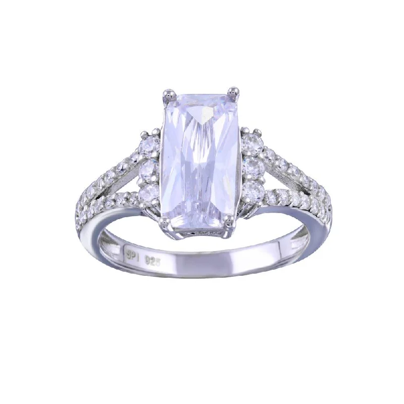 Ladies rings unique designs-Rhodium Plated 925 Sterling Silver Open Shank Wide Rectangle Center CZ Bridal Ring - STR01141