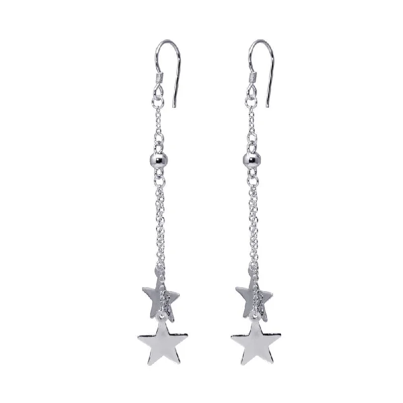 Ladies earrings daily wear-Silver 925 Rhodium Plated Two Wire Dangling Solid Star Hook Earrings - DSE00037