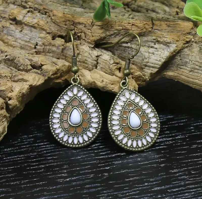 Ladies earrings sale offers-Boho White and Tan Teardrop Earrings