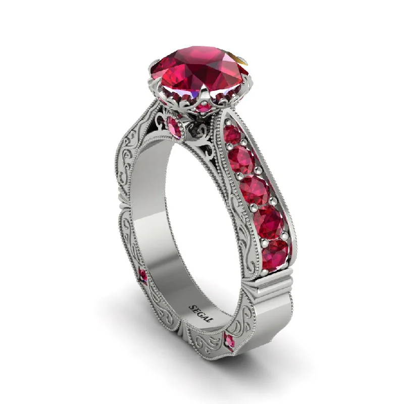 Ladies engagement rings sapphire accents-Ruby Victorian Scroll Engagement Ring - Kehlani No. 57