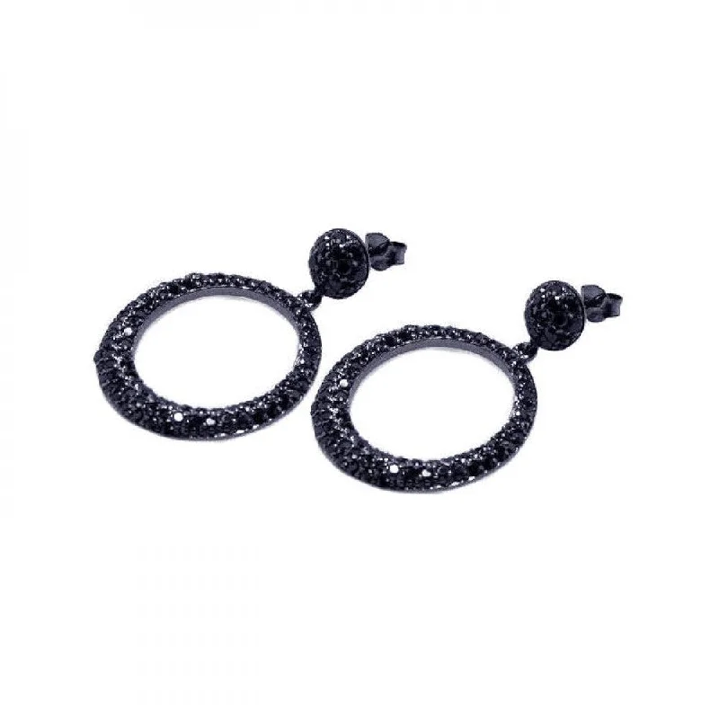 Ladies earrings engagement gifts-Clearance-Silver 925 Black Rhodium Plated Round Black CZ Dangling Earrings - STE00277