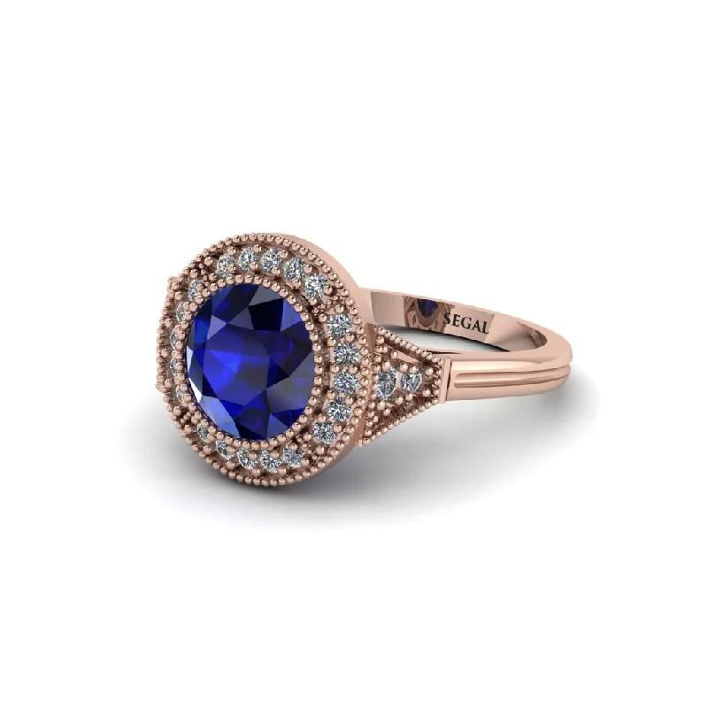 Ladies engagement rings fashion trends-Round Cut Sapphire Milgrain Halo Engagement Ring - Maggie No. 14