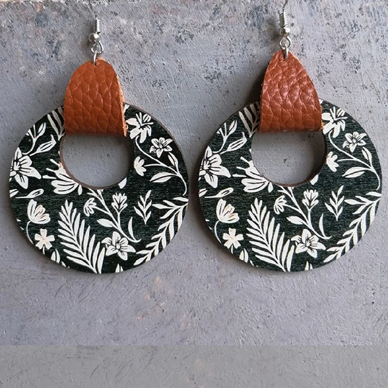 Ladies earrings casual designs-Leather Wrapped Black and White Floral Wooden Drop Earrings