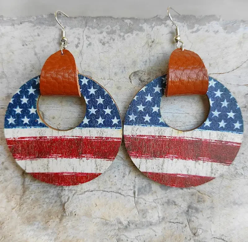 Ladies earrings girlfriend gifts-Leather Wrapped Round Wooden American Flag Earrings