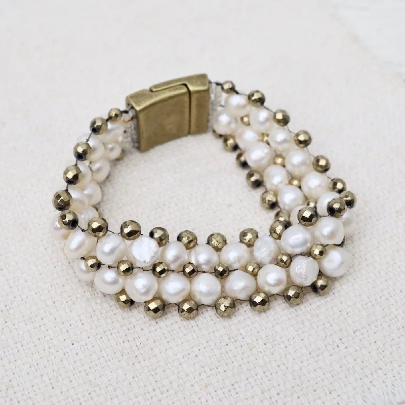 Ladies bracelets luxurious appeal-Hand Woven Soft Bracelet of White Pearls & Pyrite