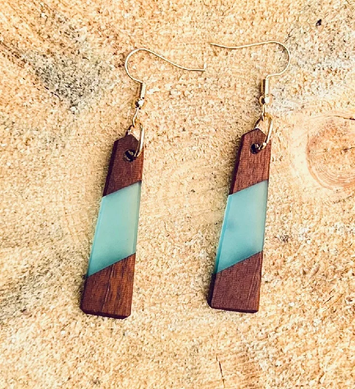 Ladies earrings classic styles-Wood and Blue Resin Earrings