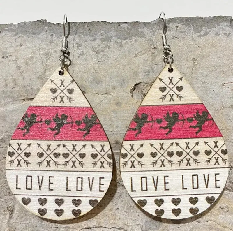 Ladies earrings sale offers-Vintage Wooden Valentine's Day Drop Earrings